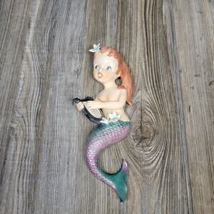 Vintage Lefton Mermaid & Harp, Wall Plaque, Red Hair Iridescent Tail